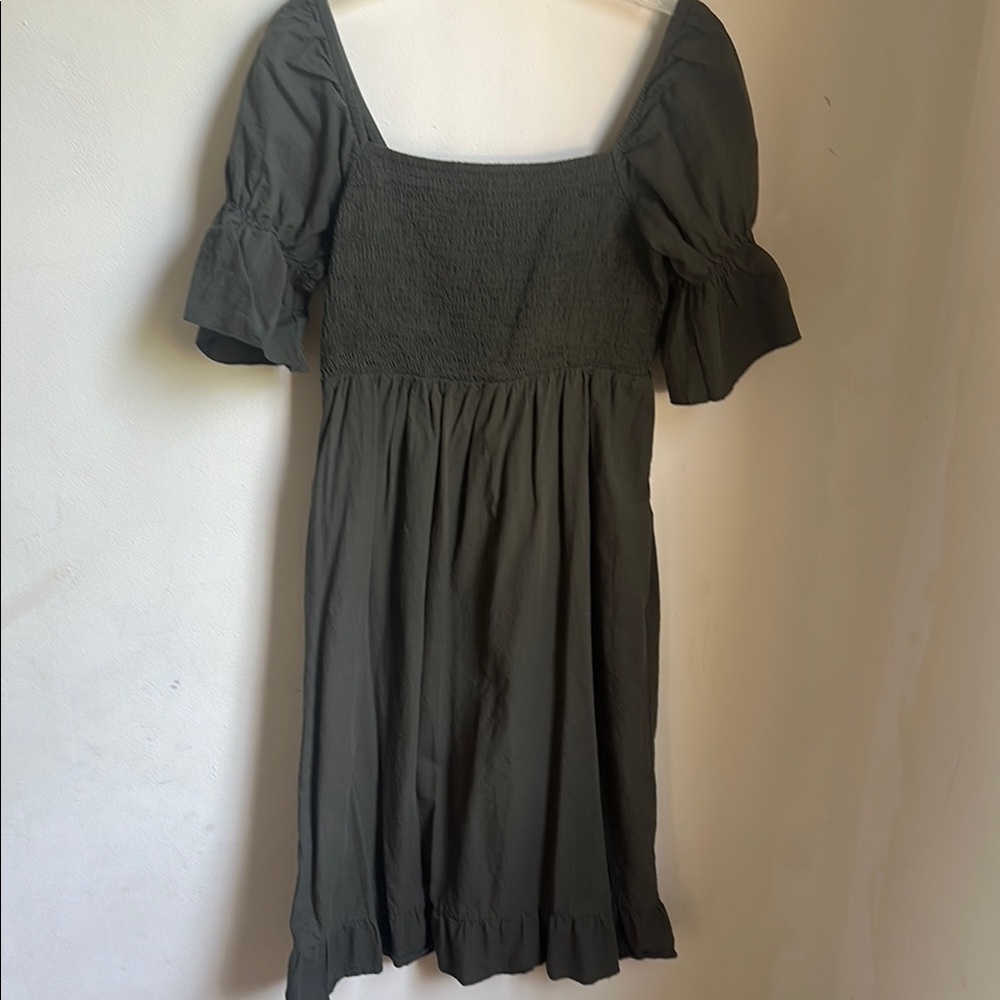Chic Dark Gray/green Puff Sleeve Midi Dress